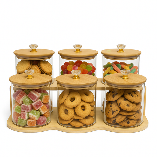 6Pcs Glass Jar Set with Wooden Stand – Airtight Kitchen Storage Containers