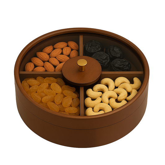 Round Wooden Dry Fruit Box – Glass Lid with Partitions & Golden Knob