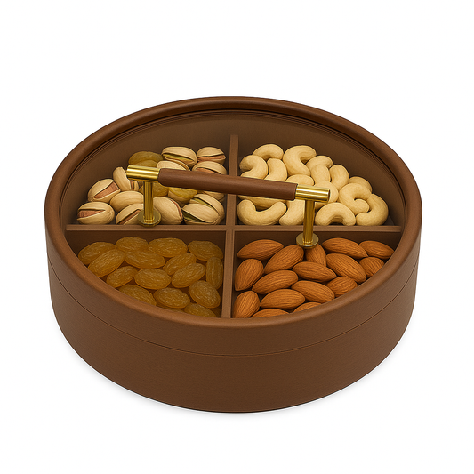 Round Wooden Dry Fruit Box – Glass Lid with Golden Handle