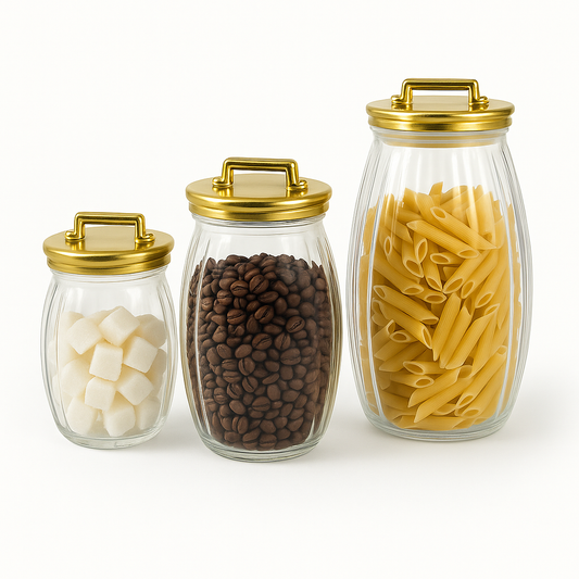 3 Pcs Sealed Storage Jars with Vertical Stripes & Handles – Variants: Gold, Rose Gold, Silver
