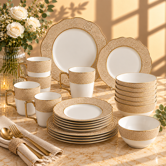 Premium Porcelain Dinner Set – Embossed Floral Design with Gold Rim