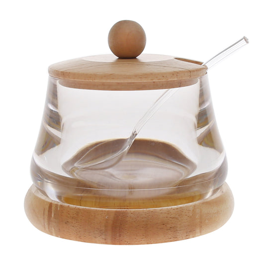 Glass Sugar Pot with Wooden Lid & Base – Spoon Included