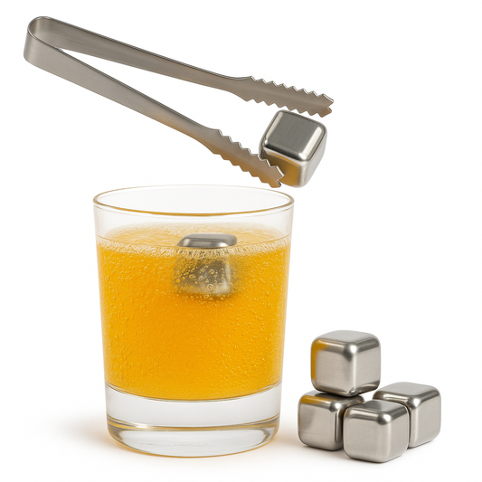 Reusable Stainless Steel Ice Cubes – 8‑Piece Set with Tongs & Storage Tray