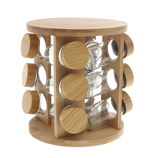 Wooden Spice Rack Carousel with 16 Glass Jars – Rotating Bamboo Spice Organizer