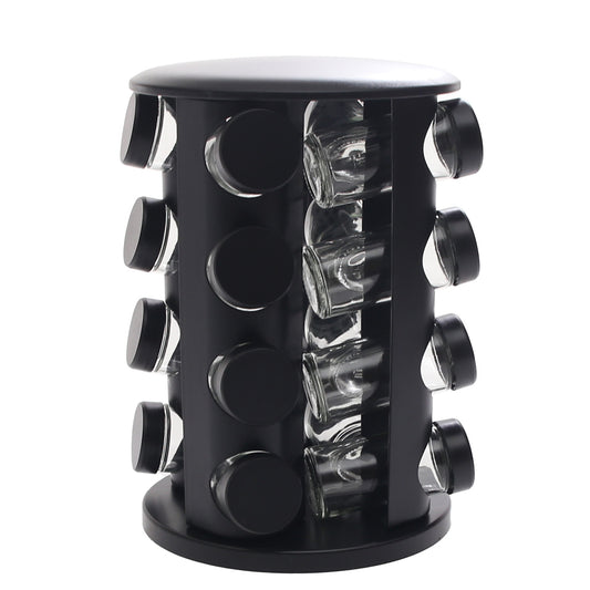 Black Rotating Spice Rack with 16 Glass Jars – 360° Kitchen Spice Organizer