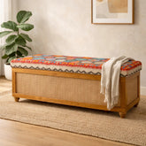 Elan Upholstered Storage Bench with Cane Panel – Solid Wood Ottoman Setti for Living Room & Bedroom - Habitt