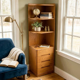 Elan Solid Wood Corner Bookshelf with Drawers – Space-Saving Storage & Display Unit - Habitt