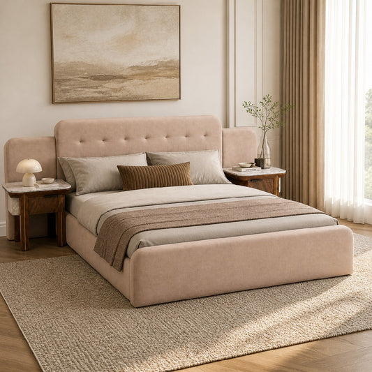 Clara King Size Bed | Luxury Upholstered Bed with Marble Accent Side Tables