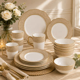 Premium Porcelain Dinner Set – Embossed Floral Design with Gold Rim