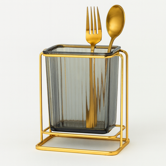 Single Cutlery & Napkin Holder – Gray Acrylic with Golden Frame