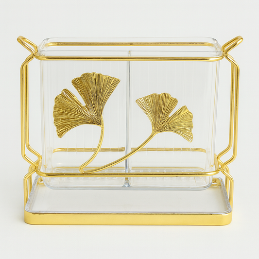 2 in 1 Napkin & Cutlery Holder – Golden Frame with Leaf Design