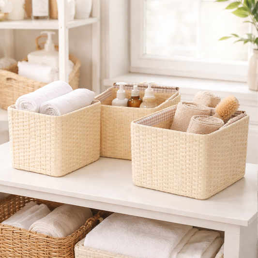 Rectangular Storage Basket Set – Minimalist Woven Organizer Bins with Handles for Kitchen, Closet & Home - Habitt