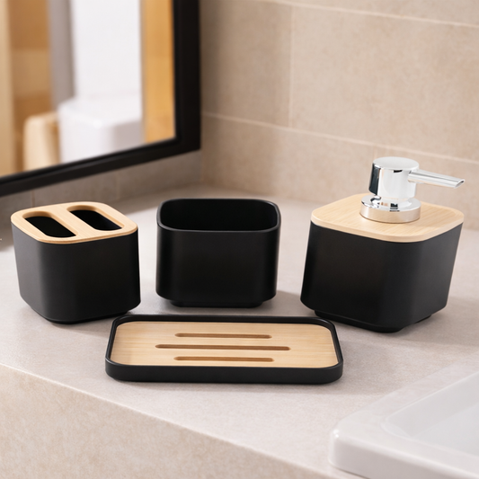 3 PCS Bathroom Set with Bamboo Tray – Modern Countertop Organizer