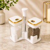 Premium 2PCS White Glass Spice Bottle Set with Stand & Gold Lid Accent - Habitt