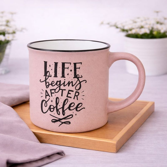 “Life Begins After Coffee” Pink Ceramic Mug – Motivational Coffee Cup for Daily Inspiration