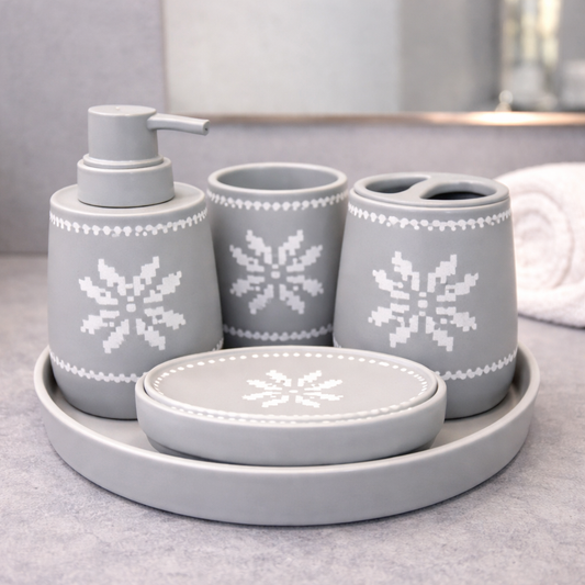 5-Piece Bathroom Accessories Set with Tray – Star Pattern Design | Grey & White Color Options - Habitt