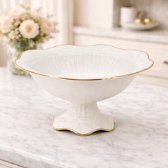 Medium White Porcelain Fruit Bowl with Gold Trim – Elegant Pedestal Serving Bowl