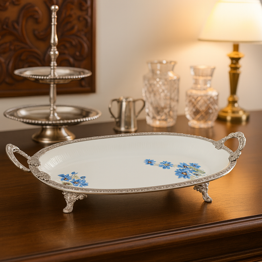 Luxury Oval Serving Dish – Blue Floral Design (Small) | 38 × 23 cm