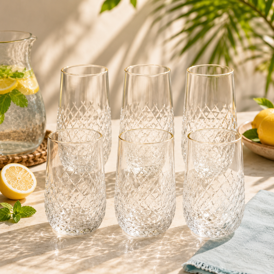 6 Pcs Clear Glass Set with Golden Rim – Textured Drinking Glass Set