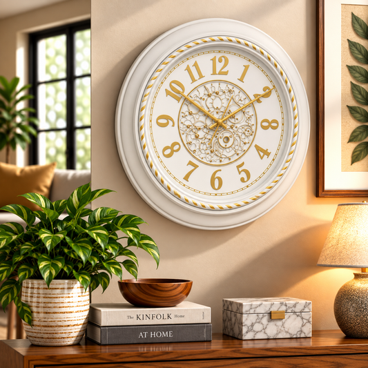 Heritage Gear 18-Inch Classic Vintage Wall Clock – Decorative White Metal Wall Clock with Gold Gear Design for Living Room, Office & Home Décor