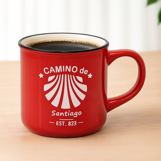 Camino de Santiago Enamel-Style Ceramic Mug – Travel-Inspired Coffee & Tea Cup in Red