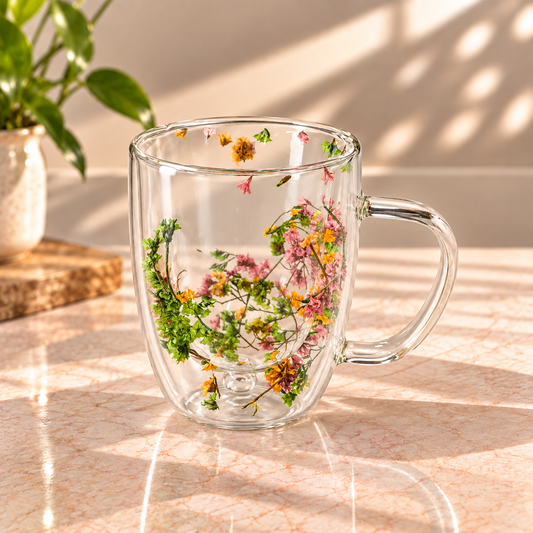 Double Wall Floral Glass Mug – Multicolor Botanical Design