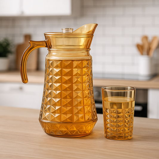 Golden-Tinted 7-Piece Water Set – 1.7 L Jug with 278 ml Glasses (Premium Diamond-Pattern Glassware)