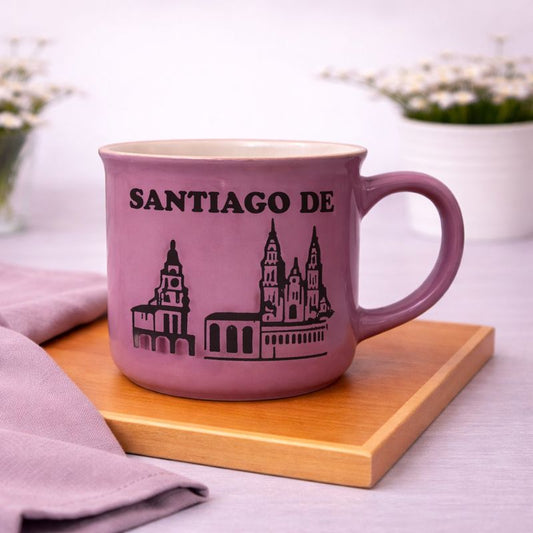 Santiago de Compostela Souvenir Ceramic Mug – Colorful Travel Coffee Cup in Purple