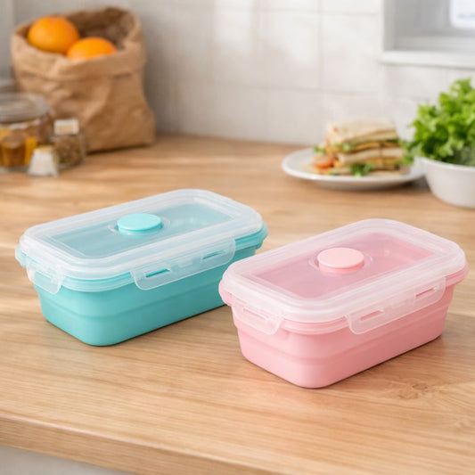Silicone Foldable Food Container Square – Blue & Pink (Small & Large) | Space-Saving Lunch Box