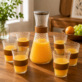 Luxury Glass Water Set 7-Piece – Brown & Gold | Carafe with 6 Glasses and Metal Stand