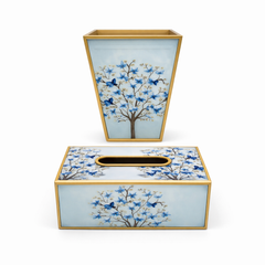 Elegant Blue Blossom Tree Print Dustbin Set – Decorative Waste Bin & Tissue Box Combo