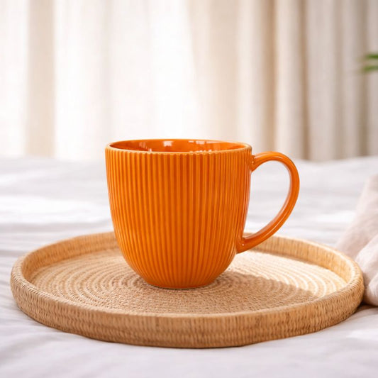 Ribbed Orange Ceramic Coffee Mug – Gloss Finish Tea & Coffee Cup - Habitt
