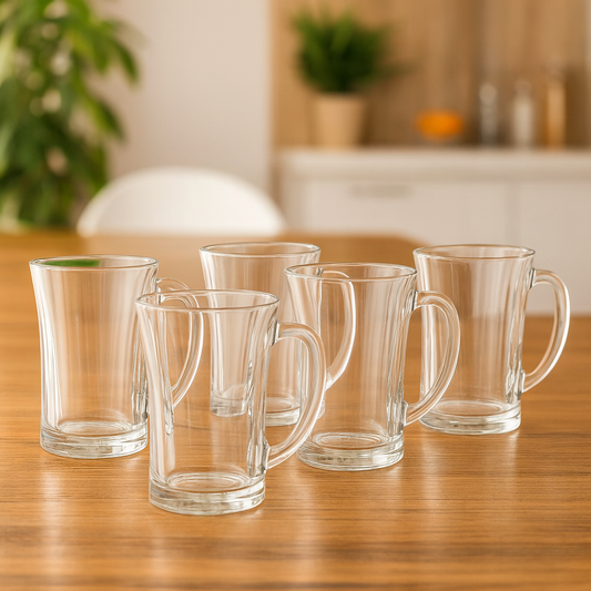 Clear Flared Glass Juice Mug 320 ml with Handle – Set of 6 | Elegant Everyday Drinkware for Home & Café