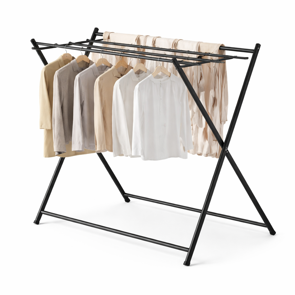 Foldable Cloth Rack – Heavy Duty Portable Clothes Drying Stand with Double Rod & X-Frame Design - Habitt