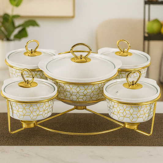 5-Pcs Round Ceramic Casserole Set With Gold Stand – Elegant Multi-Dish Serving Set