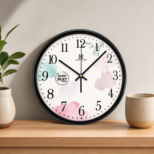 Heritage Pastel Floral Wall Clock – 15-Inch Silent Sweep Quartz with Decorative Dial & Black Plastic Frame