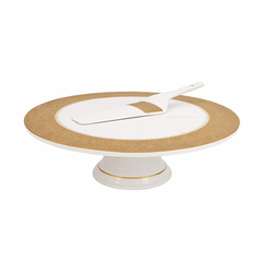 Elegant White & Gold Cake Stand Set with Server – Classic Pedestal Dessert Plate