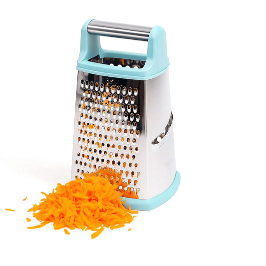 4-Sided Stainless Steel Grater with Aqua Soft-Grip Edges & Metal Handle