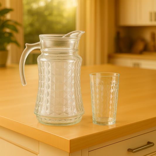 Diamond-Texture Clear Glass Water Set – 7-Piece Set (1.7 L Jug + 278 mL Glasses)