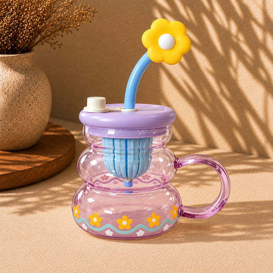 Cute Flower Plastic Sipper with Straw & Handle – Colourful Kids Drinking Cup
