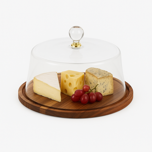 Large Wooden Cake Dish with Glass Dome | Elegant Round Cake Stand for Serving & Display