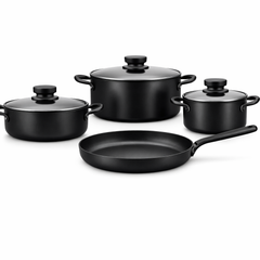 Lena 7 Pcs Cookware Set – Classic Matte Black Nonstick Aluminium Set - Habitt