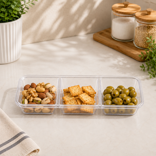 3 Partition Storage Box – Long Design with Lid | Clear Plastic Food Storage & Organizer Container