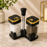 Premium 2PCS Black Glass Spice Bottle Set with Stand & Gold Lid Accent - Habitt