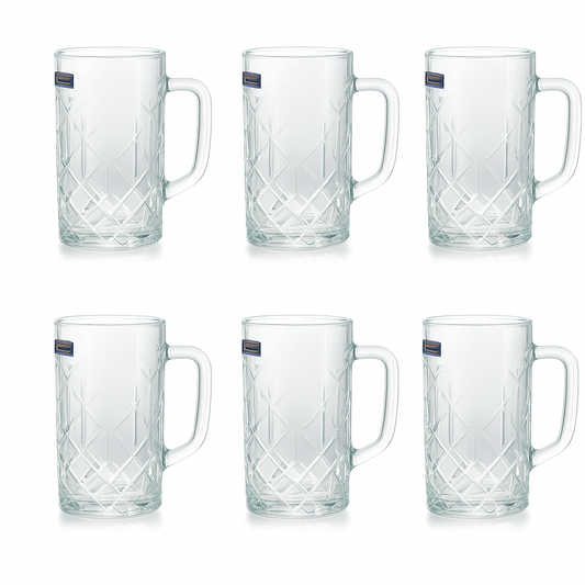 Diamond-Cut Textured Clear Glass Juice Mug 400 ml with Handle – Set of 6 | Premium Patterned Drinkware for Home & Café