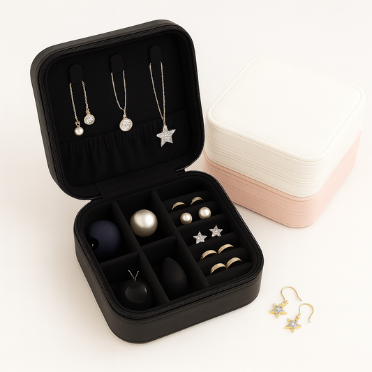 1Pc Elegant Travel Jewelry Box Organizer Black – Compact PU Leather Storage Case for Earrings, Rings & Necklaces