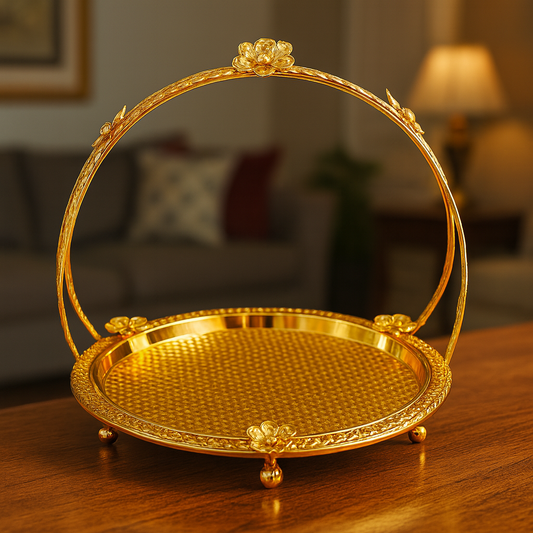 Floral Round Basket – Small Gold Decorative Serving & Display Basket