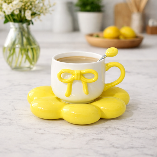 Ceramic Flower Saucer & Bowl Cup Set – Elegant Tea & Dessert Set (Yellow / Red / Pink)