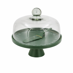 Elegant Green Cake Stand Set with Glass Cover – Pedestal Cake Plate with Server