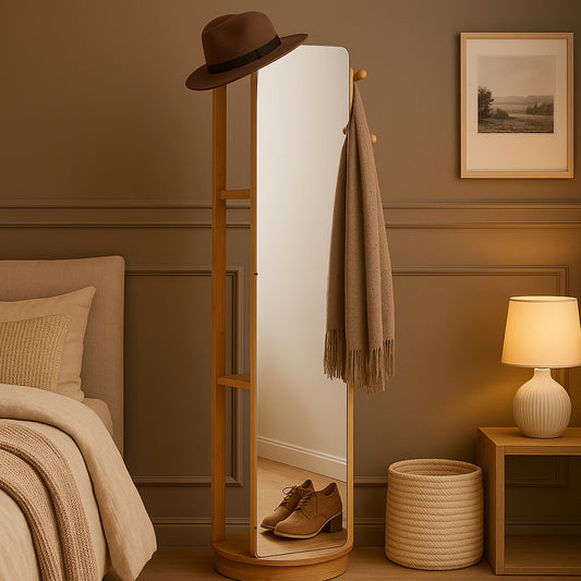 Kyoto Rotating Wall Mirror with Wooden Storage Shelves – Multi-Functional Organizer